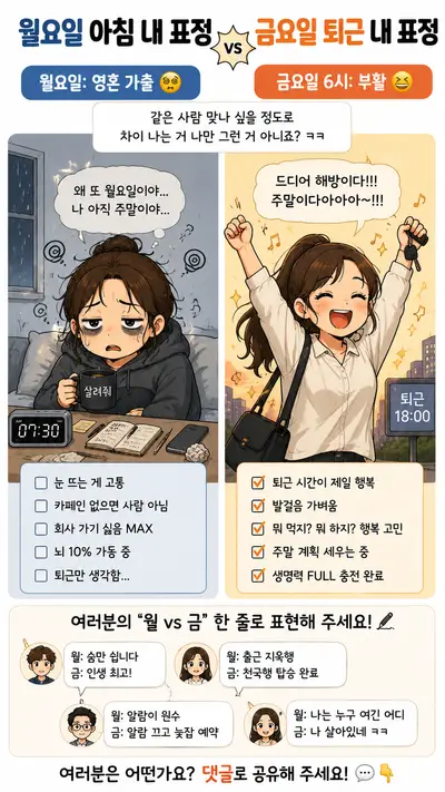 월요일 아침 내 표정 vs 금요일 퇴근 내 표정